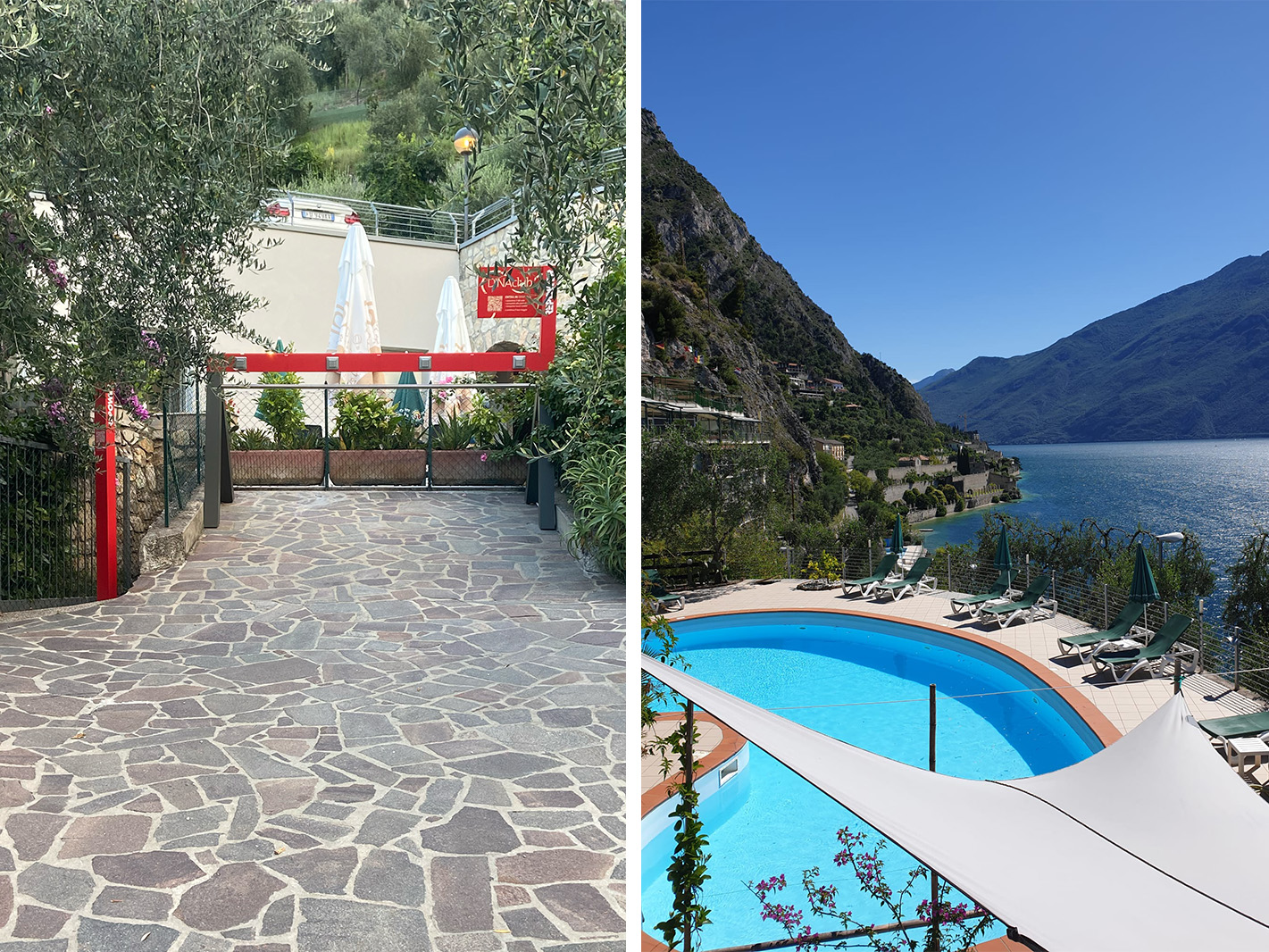 Cortile lastricato con arredi rossi e piscina della Locanda Augusta affacciata sul lago e sui monti