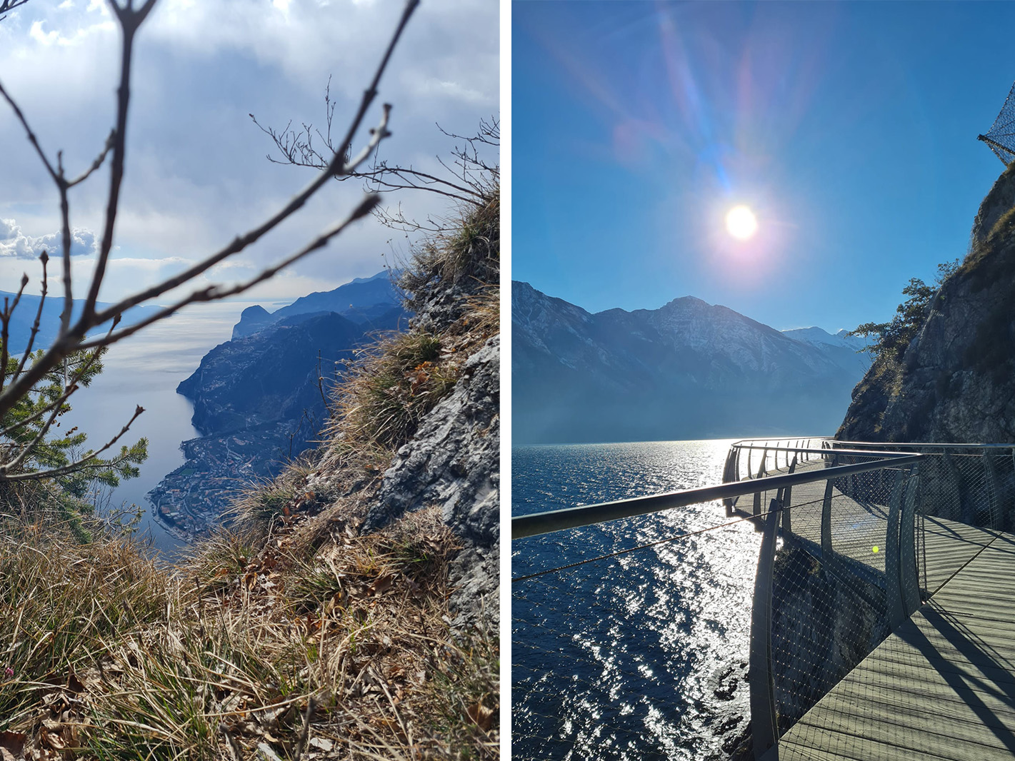 Vista sul lago tra montagne da un sentiero roccioso e passerella panoramica sospesa sull'acqua al sole